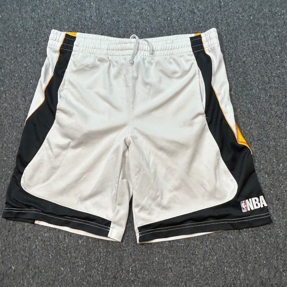 NBA Basketball Shorts L Mens White Black Gold‎ Athletic Mesh Embroidered Logo